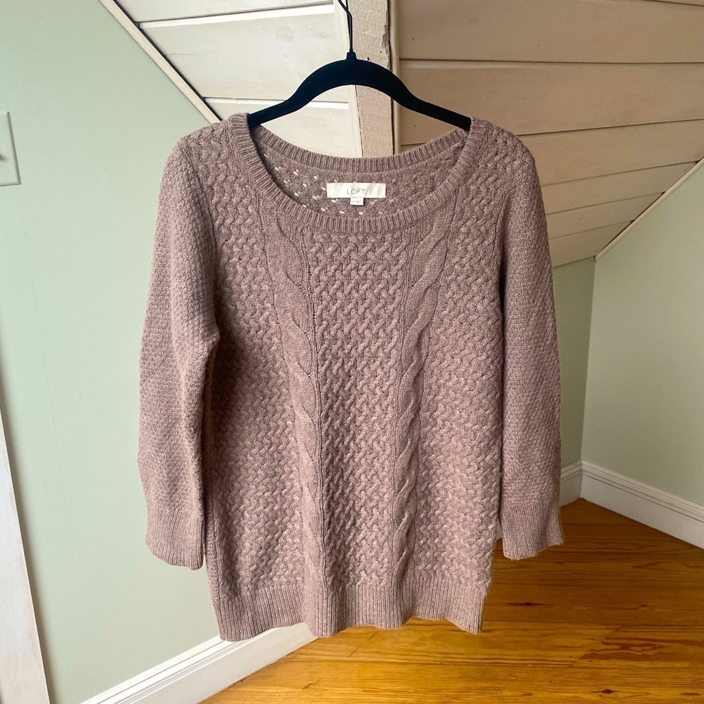 Ann Taylor LOFT Brown Taupe Wool Blend Cable Knit Pullover Sweater M